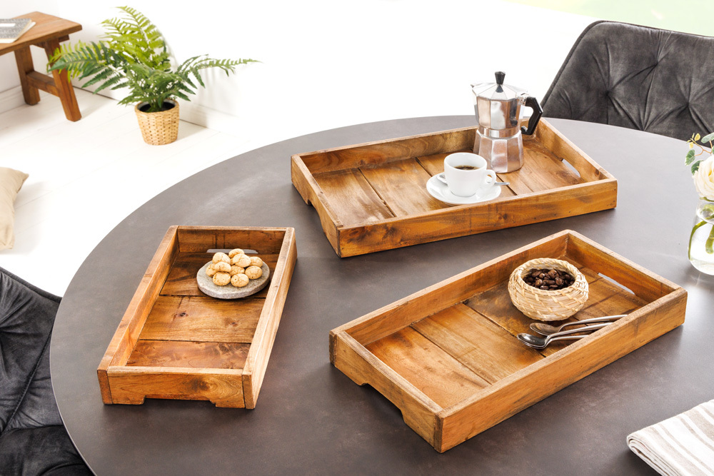 Massives 3er Set Tablett HEMINGWAY 45cm recyceltes Mahagoniholz handmade Servierbrett