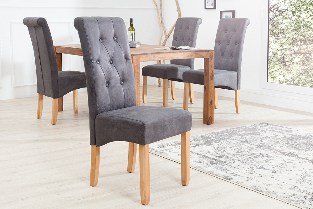 Edler Stuhl CASA vintage grau mit Zierknöpfen Massivholzbeine