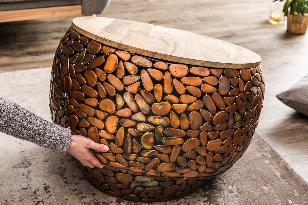 2er Set Runde Couchtische STONE MOSAIC 65cm kupfer Mangoholz Metall Mosaik Design handmade