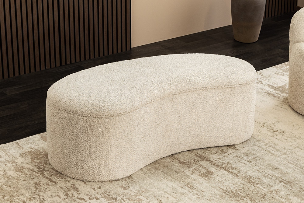 Extravagante Polsterbank ELEMENTAL 120cm champagner beige Feinstrick Bouclé mit Stauraum