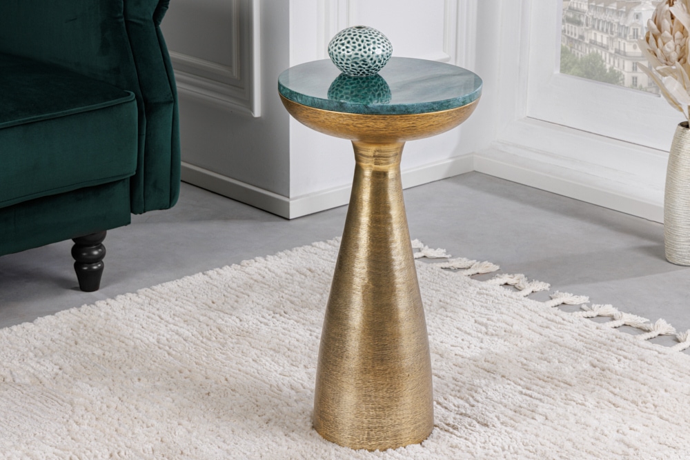 Handgearbeiteter Beistelltisch ELEMENTS 55cm gold grün Marmor rund