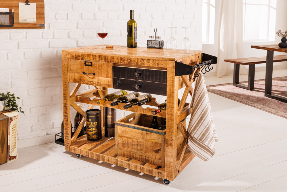 Industrial Barschrank BODEGA 86cm Mangoholz Servierwagen mit Weinregal und Aufhängung