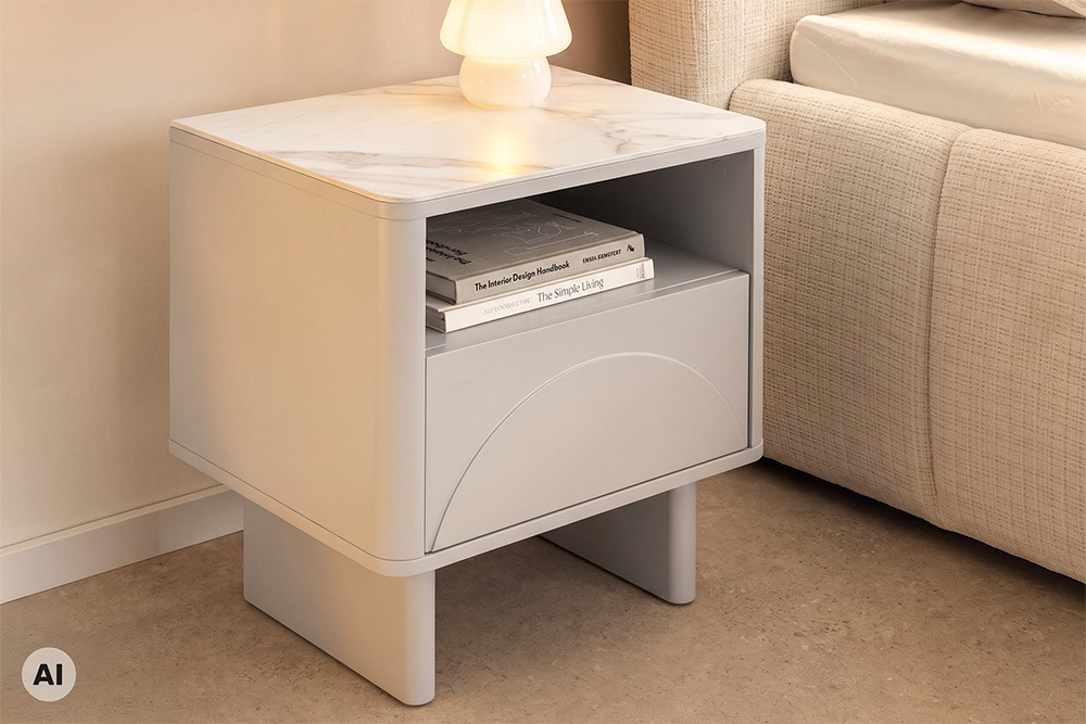 Nachttisch SAVOY 50cm kaschmir beige Keramik Marmor weiß Beistelltisch