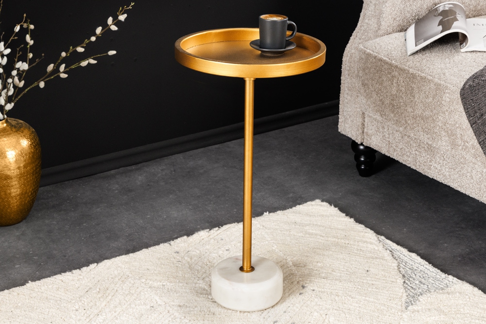 Runder Beistelltisch TRAYFUL 60cm gold Eisen weiß Marmorfuß handmade