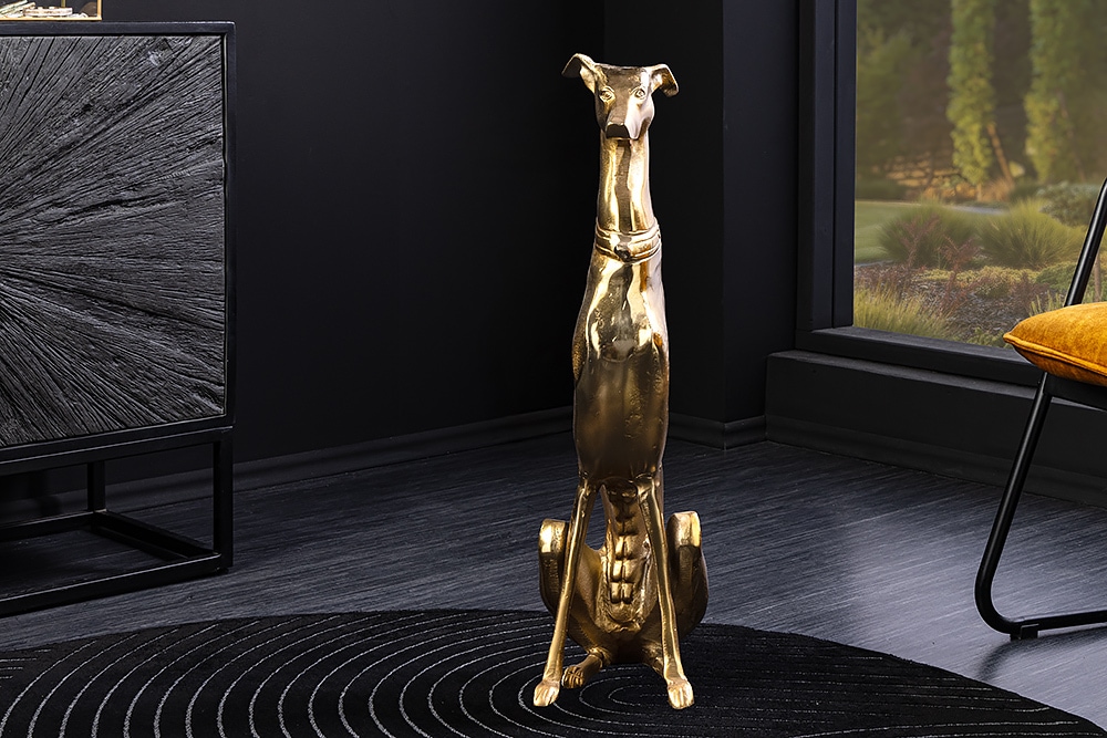 Design Skulptur GREYHOUND 70cm gold Metall Aluminium Windhund Figur
