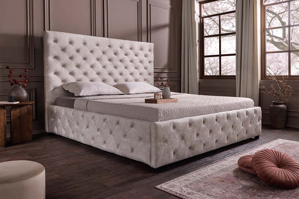 Design Boxbett PARIS 180x200cm champagner beige Samt mit Stauraum und Lattenrost