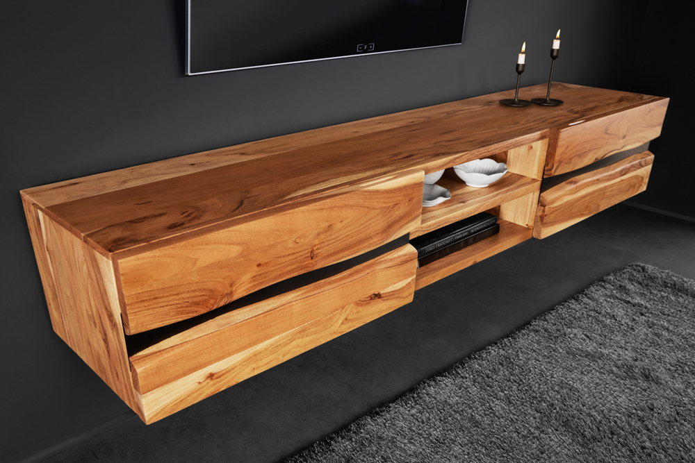 Hängendes TV-Lowboard AMAZONAS 160cm natur Akazie Massivholz Baumkante Metall schwarz