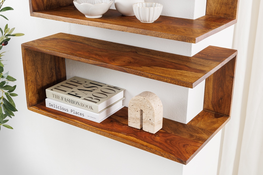 Massives 3er Set Wandregale SURREAL 65cm braun stone finish Außenecke Sheesham Massives 3er Set Wandregale SURREAL 65cm braun stone finish Außenecke Sheesham