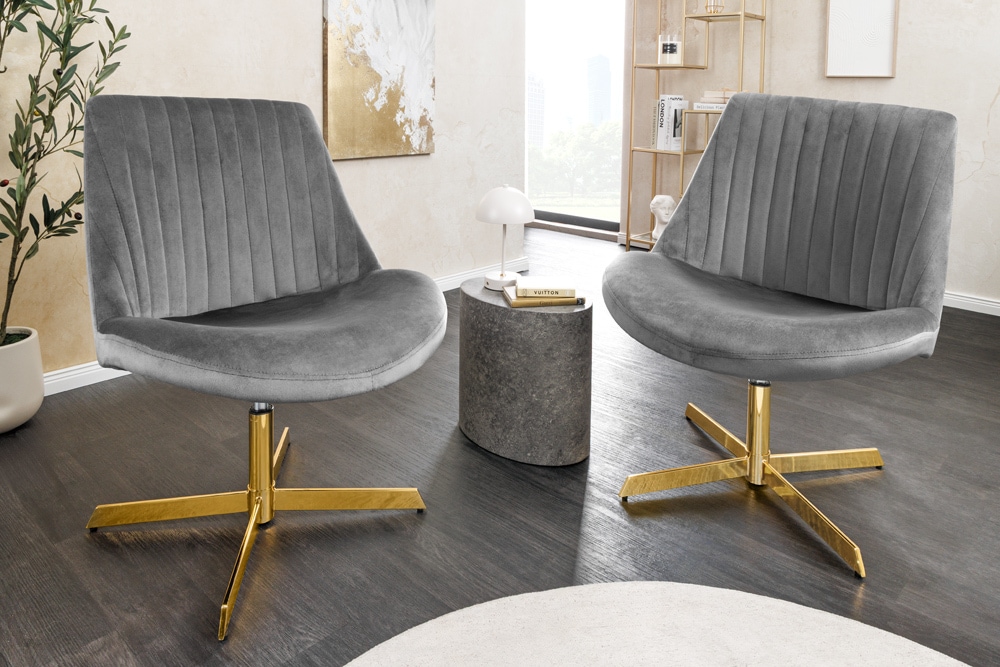 Drehbarer Sessel LOUNGER grau gold Samt Modern Design