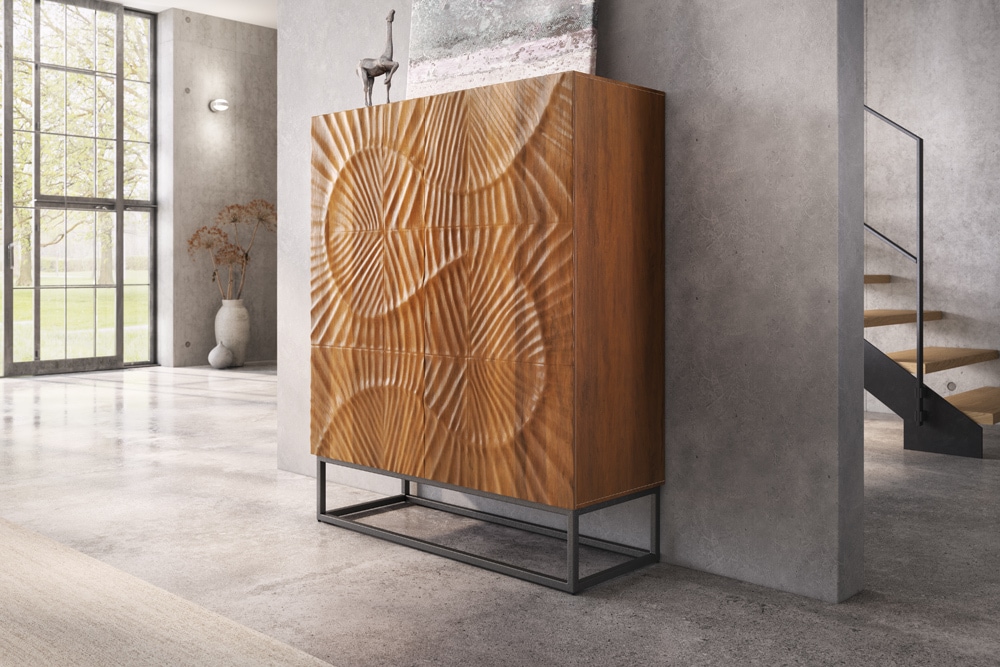 Massives Highboard SCORPION 120cm braun Mangoholz aufwendige 3D Schnitzereien