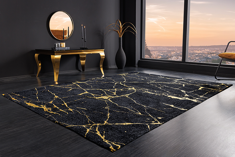Design Teppich MARBLE 240x160cm schwarz gold Marmor-Optik Flachgewebe » Jetzt kaufen