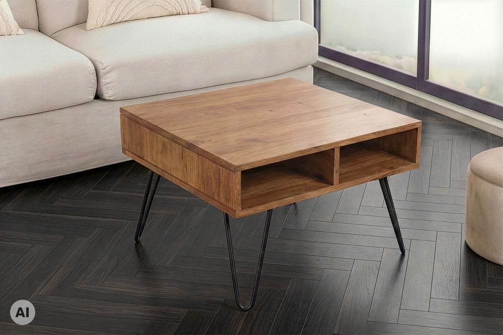 Massiver Couchtisch SCORPION 60cm braun honey finish Mangoholz mit Hairpin Legs