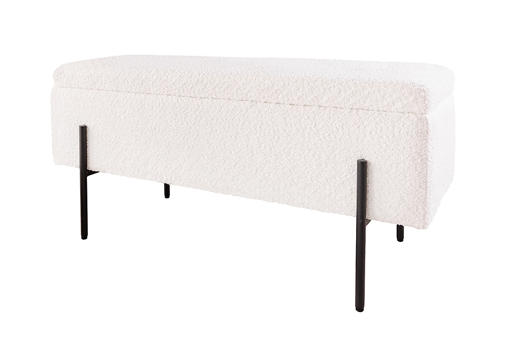 Moderne Truhenbank LOFT 100cm weiß Bouclé Sitzbank mit Stauraum gepolstert schwarz Metall