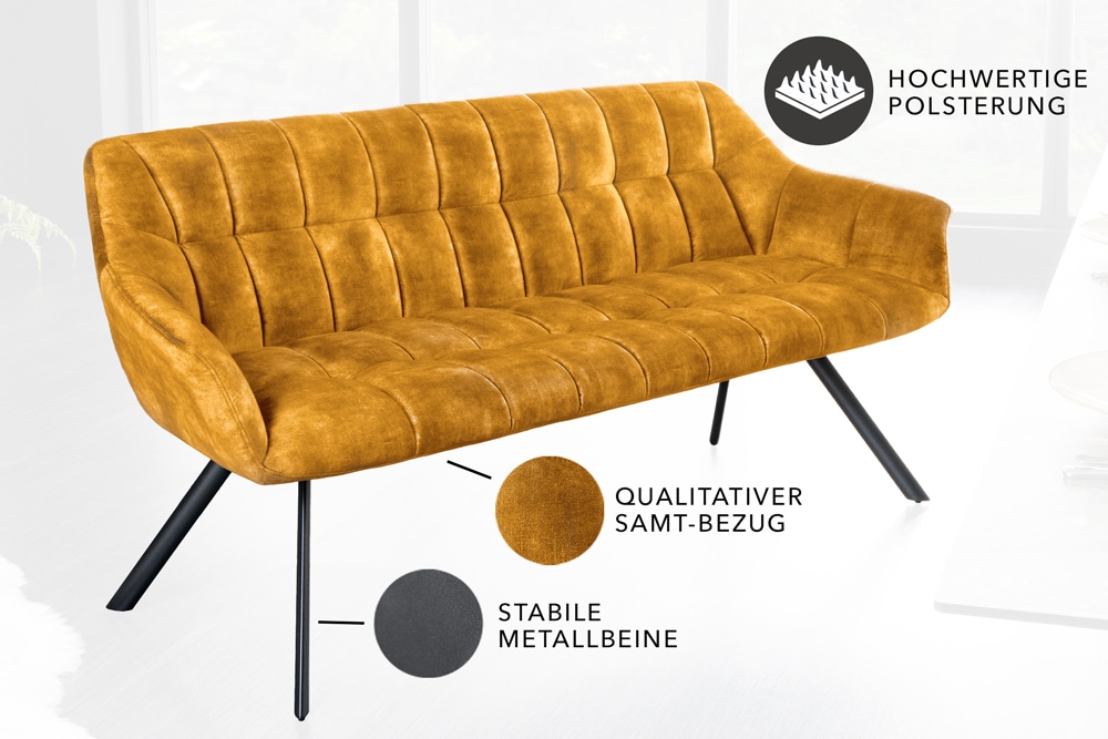 Esszimmer Sitzbank PAPILLON 165cm senfgelb Samt mit Lehnen schwarzes Metallgestell