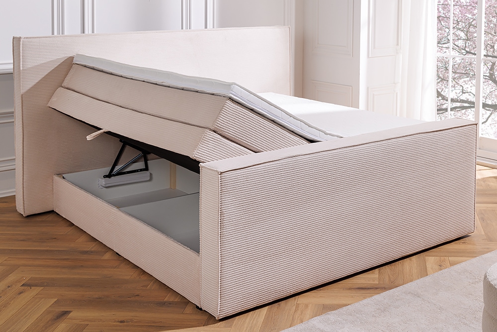 Design Boxspringbett SIGNUM 180x200cm beige Cord inkl. Topper Matratze und Stauraum