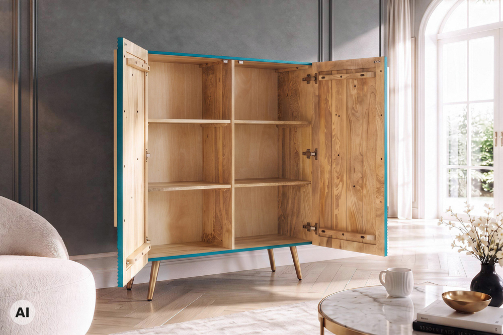 Massives Highboard AURUM 120cm türkis Mangoholz mit ikonischem Gold-Element