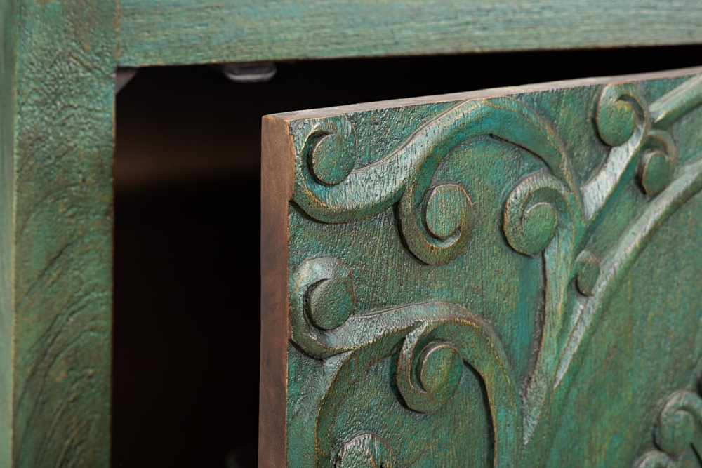 Massives Highboard PEACOCK 170cm grün Mangoholz antik 3D Schnitzerei Pfau-Design