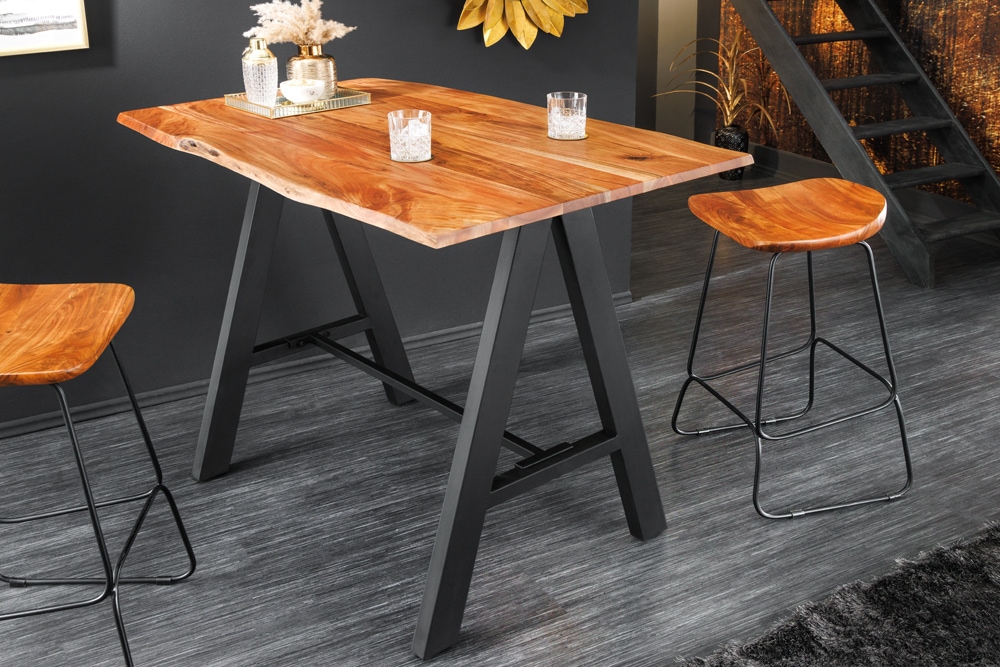 Massivholz Bartisch MAMMUT 120cm natur Akazie Baumkante Metall schwarz mit Fußablage Massivholz Bartisch MAMMUT 120cm natur Akazie Baumkante Metall schwarz mit Fußablage