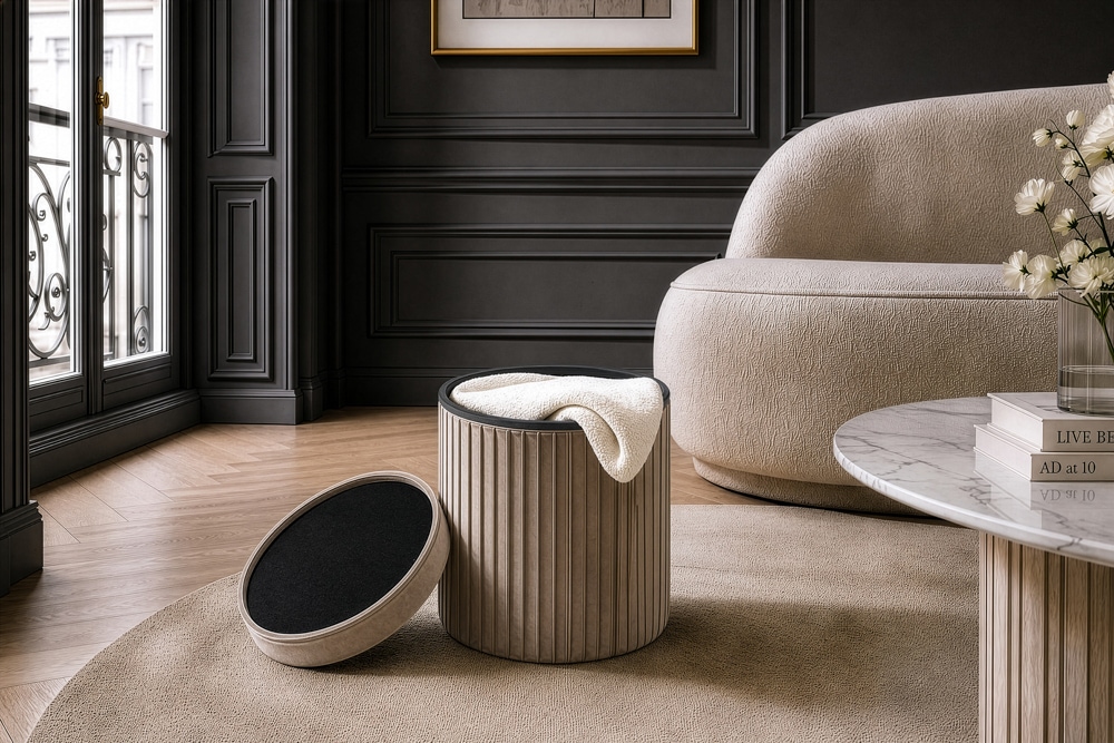 Runder Hocker ÉLAN 40cm champagner greige Samt faltbar mit Stauraum