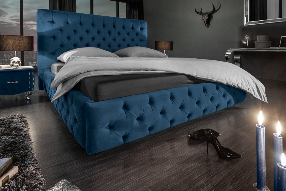 Design Doppelbett PARIS 180x200cm dunkelblau Samt Chesterfield