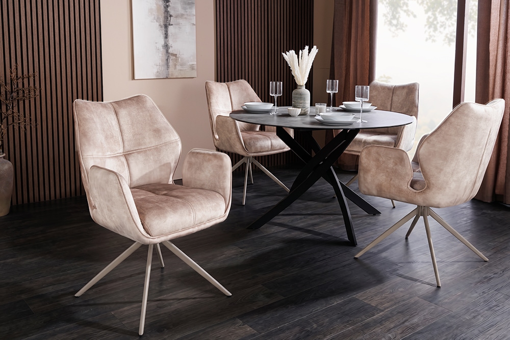 Drehbarer Design Stuhl CONCORD champagner greige Samt Taschenfederkern Metallgestell greige