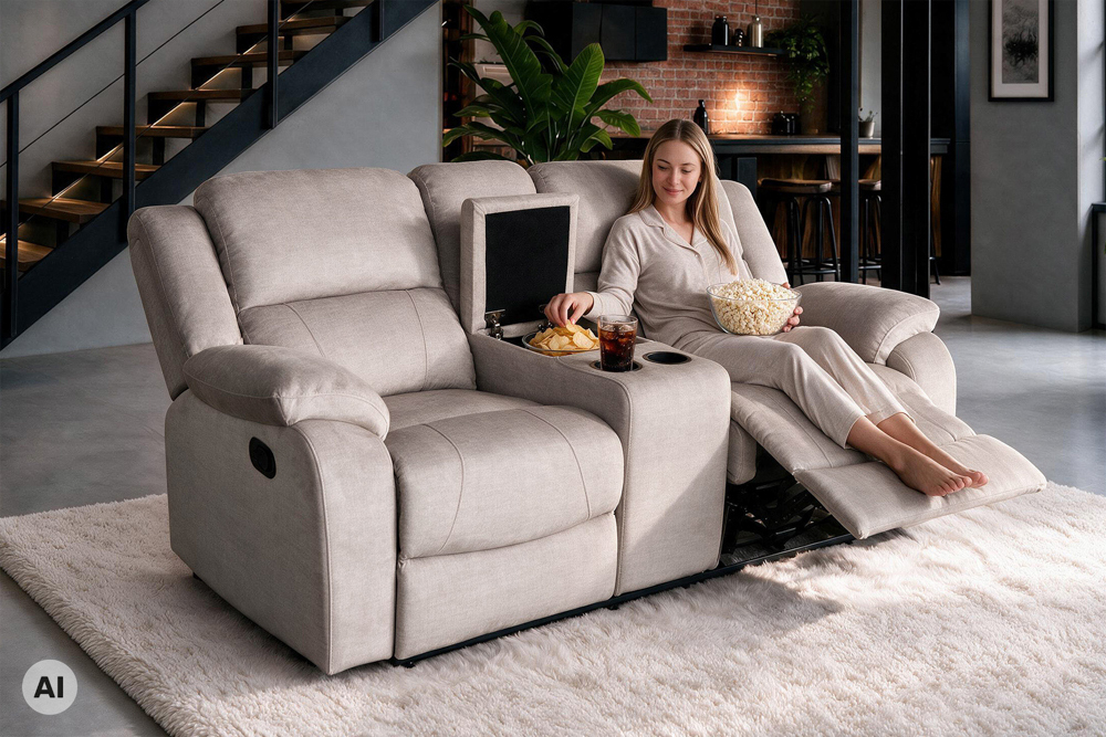 Exklusiver 2er Kinosessel HOLLYWOOD champagner beige hochwertiger Vogue Veloursstoff mit Cupholder