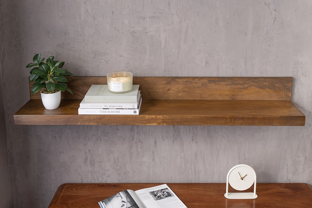 Massives Wandregal MAKASSAR 110cm braun Mangoholz honey finish handmade