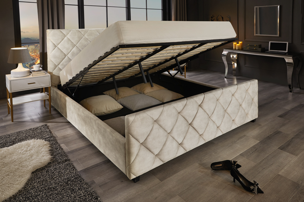 Design Boxbett ELYSIUM 180x200cm champagner beige Samt mit Stauraum und Lattenrost