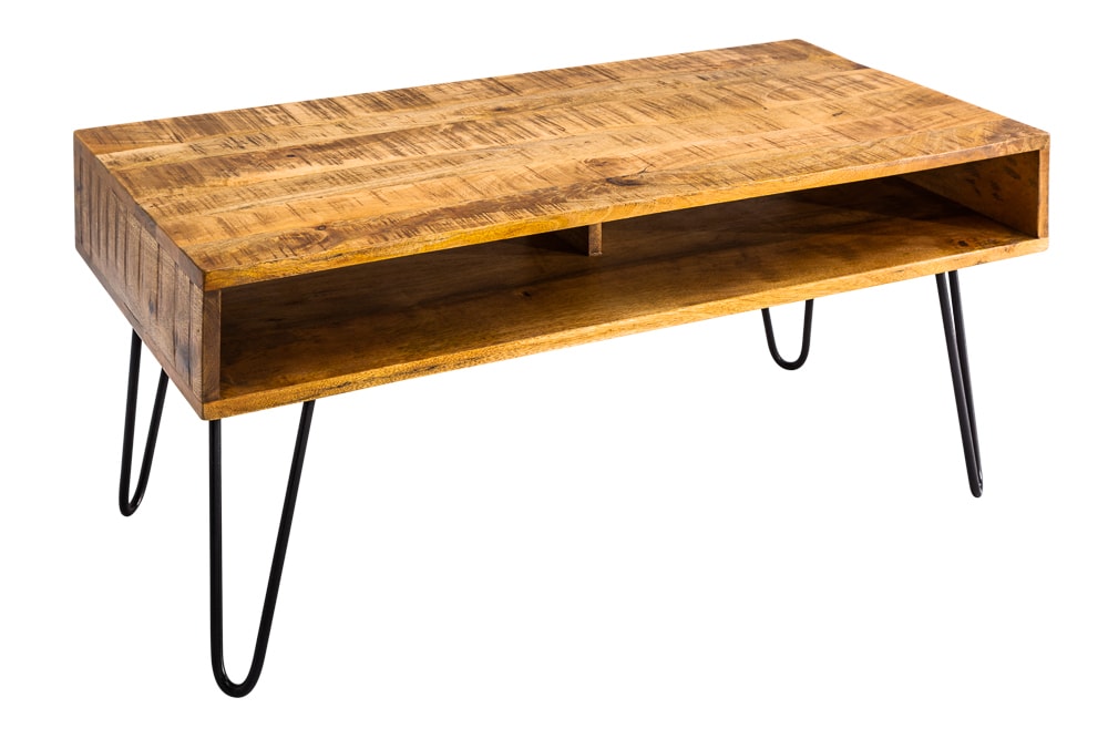 Massiver Couchtisch SCORPION 100cm natur Mangoholz Metall Hairpin Legs mit Ablage