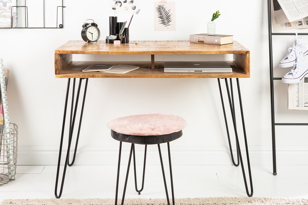 Massiver Schreibtisch SCORPION 100cm natur Mangoholz Hairpin Legs
