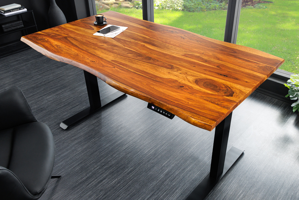 Höhenverstellbarer Schreibtisch MAMMUT 140cm braun Sheesham Massivholz stone finish