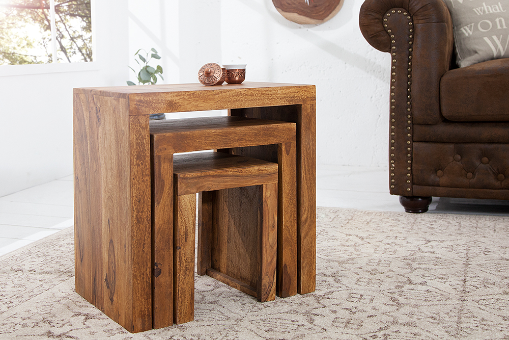 3er Set Massivholz Beistelltische MAKASSAR 45cm braun Sheesham stone finish Maserung