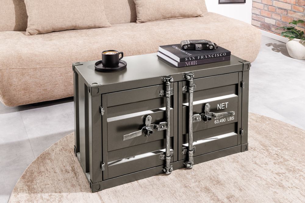 Container-Schrank GLOBETROTTER 80cm anthrazit Metall Couchtisch mit Flügeltüren Kommode