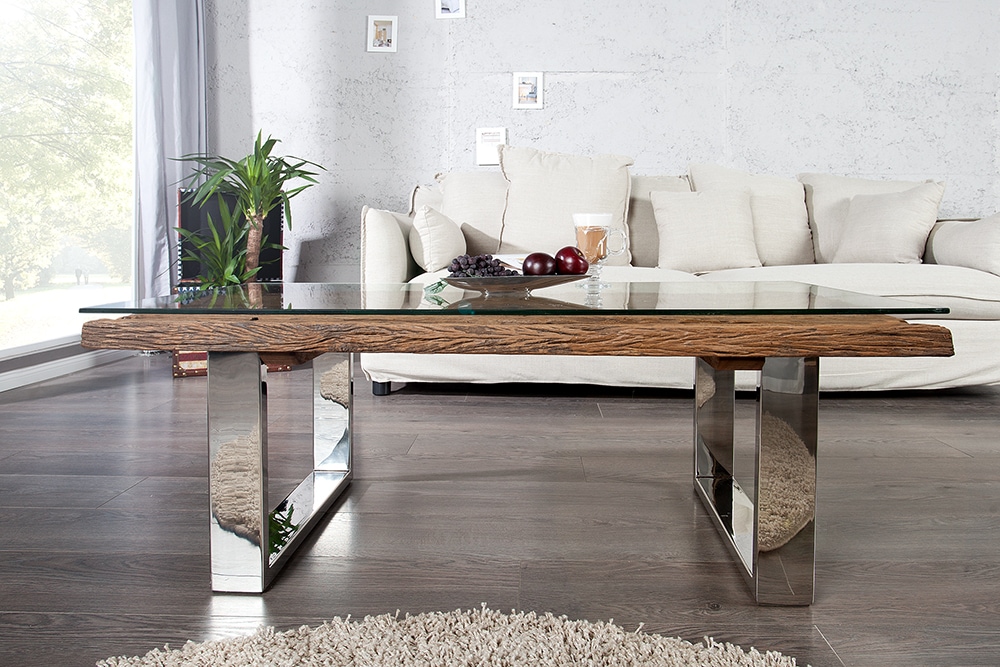 Eindrucksvoller Couchtisch BARRACUDA 110cm antik Teakholz mit Kufengestell und Glas