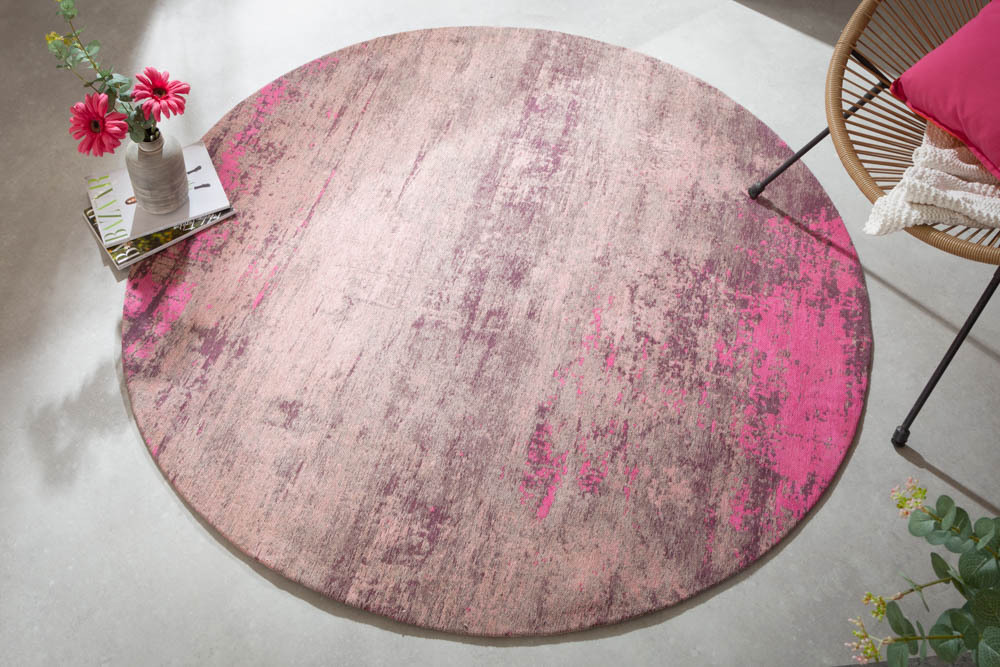 Vintage Teppich MODERN ART 150cm beige pink verwaschen rund Used Look