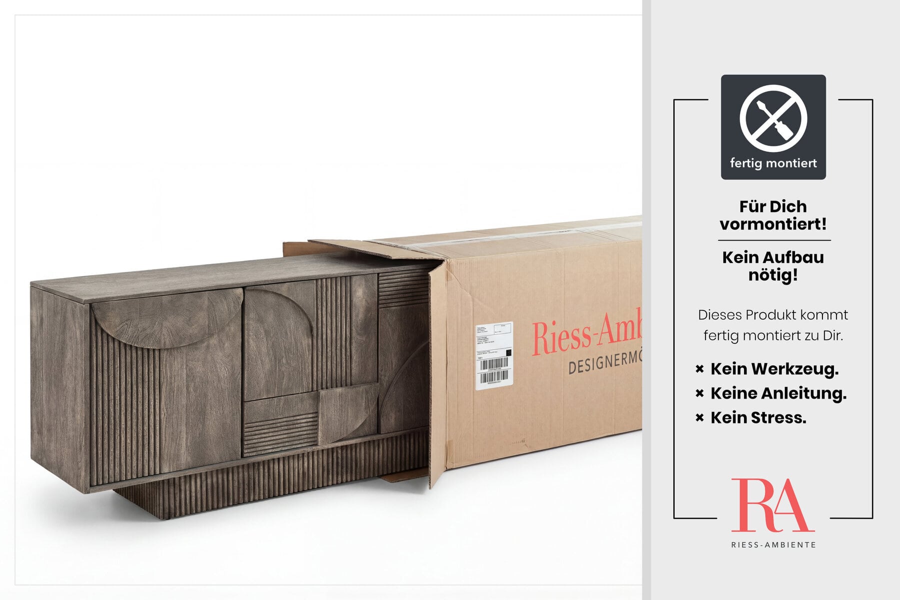 Design Sideboard ART DECO 170cm grau smoked Mangoholz massiv 3D-Front
