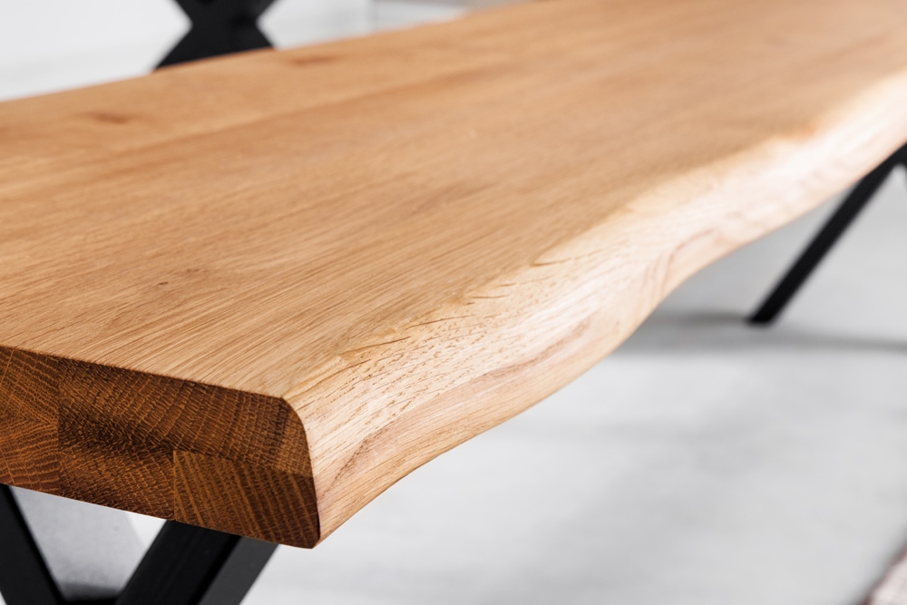 Massivholz Sitzbank WILD OAK 160cm Eiche Baumkante X-Gestell Industrial
