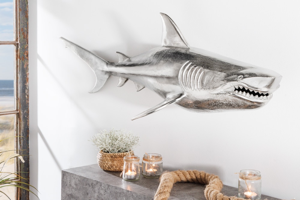 Maritime Wanddekoration HAI 105cm silber rechts Metall Haifisch Design Skulptur