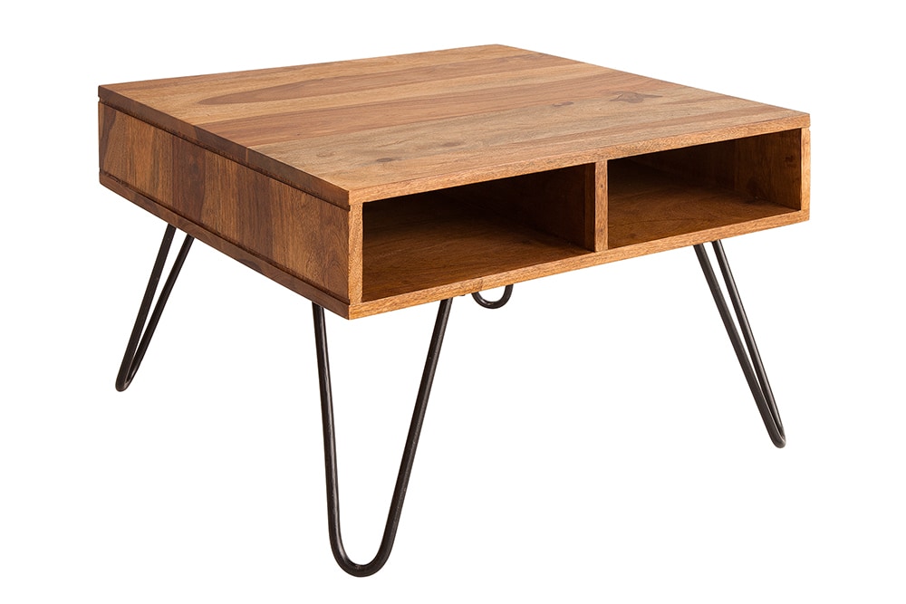Massivholz Couchtisch SCORPION 60cm braun Sheesham stone finish Stauraum Hairpin Legs