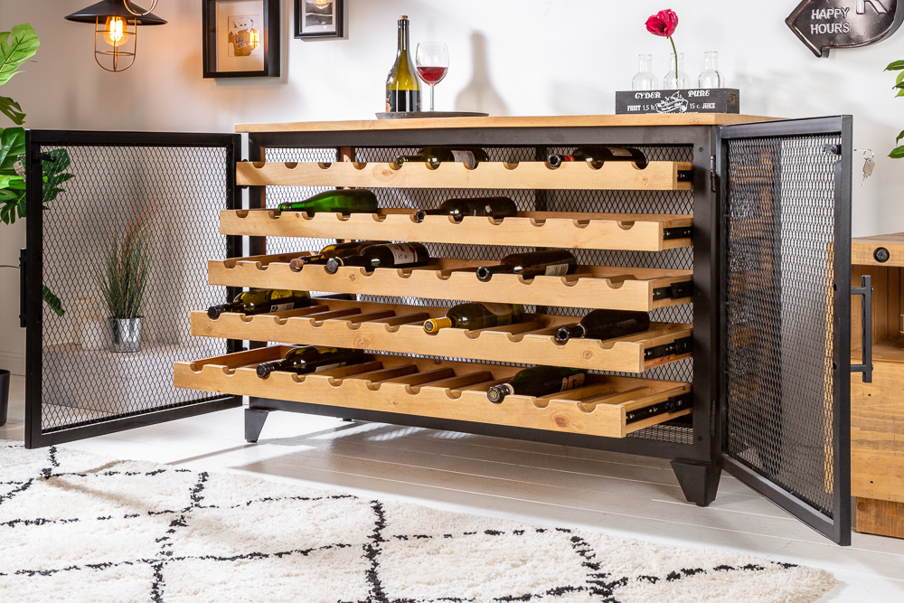 Industrial Weinschrank BODEGA 130cm recyceltes Pinienholz natur Weinregal für 55 Flaschen