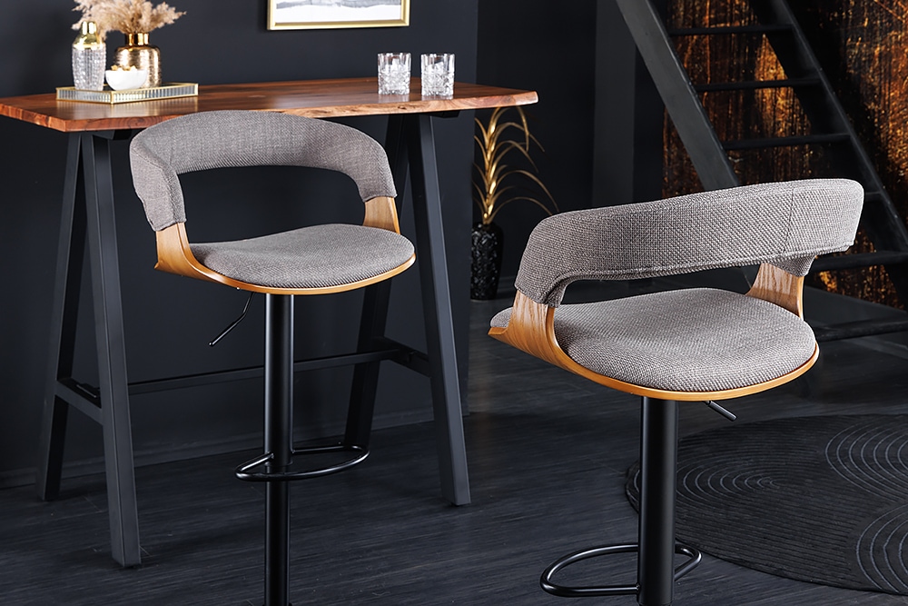 Retro Barhocker MANHATTAN grau Strukturstoff Eschenholz drehbar höhenverstellbar