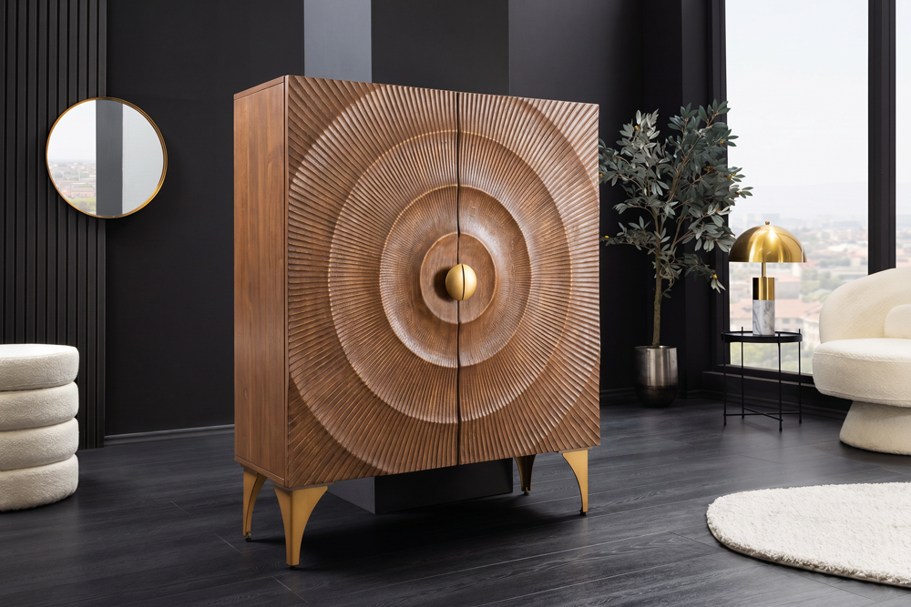 Massives Highboard GOLDEN SUNSET 120cm braun gold Mangoholz mit 3D Schnitzereien