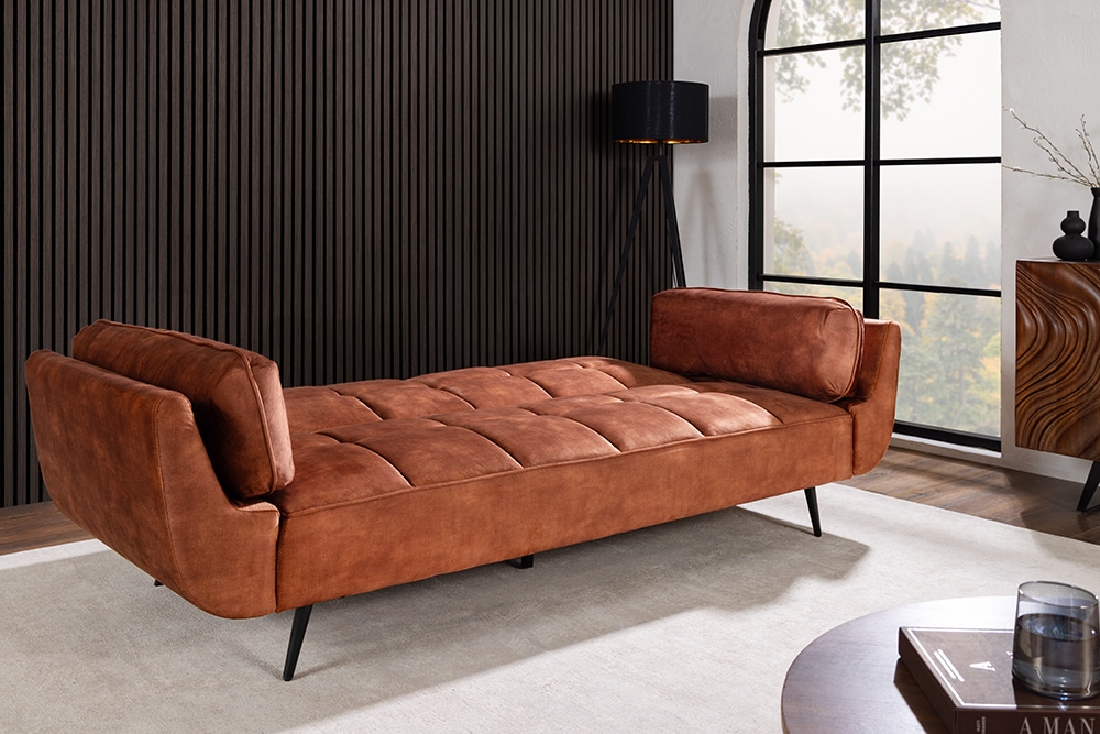 Schlafsofa BOUTIQUE 215cm rostbraun Samt 3-Sitzer mit mattschwarzen Füßen