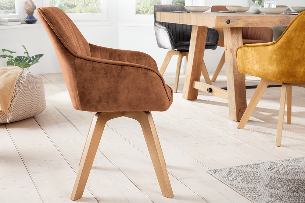 Drehbarer Design Stuhl LIVORNO rost braun Samt Buchenholz Beine mit Armlehnen