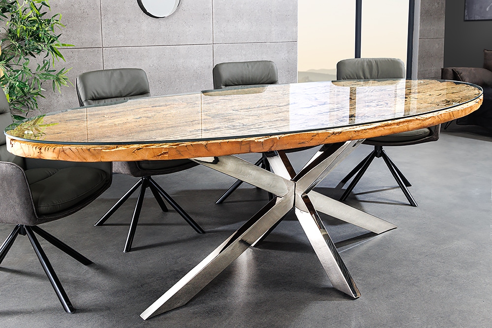 Massiver Esstisch BARRACUDA 220cm braun Teakholz silber Sterngestell Glasplatte