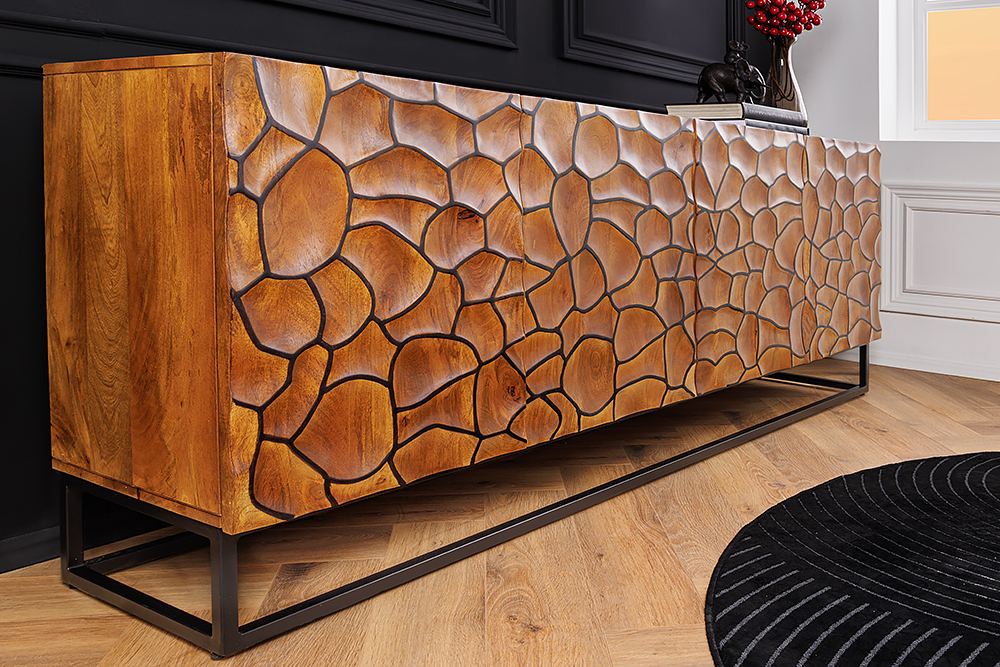 Massivholz Sideboard VULCANO 180cm braun Mangoholz mit 3D Schnitzereien handmade Metallgestell schwarz