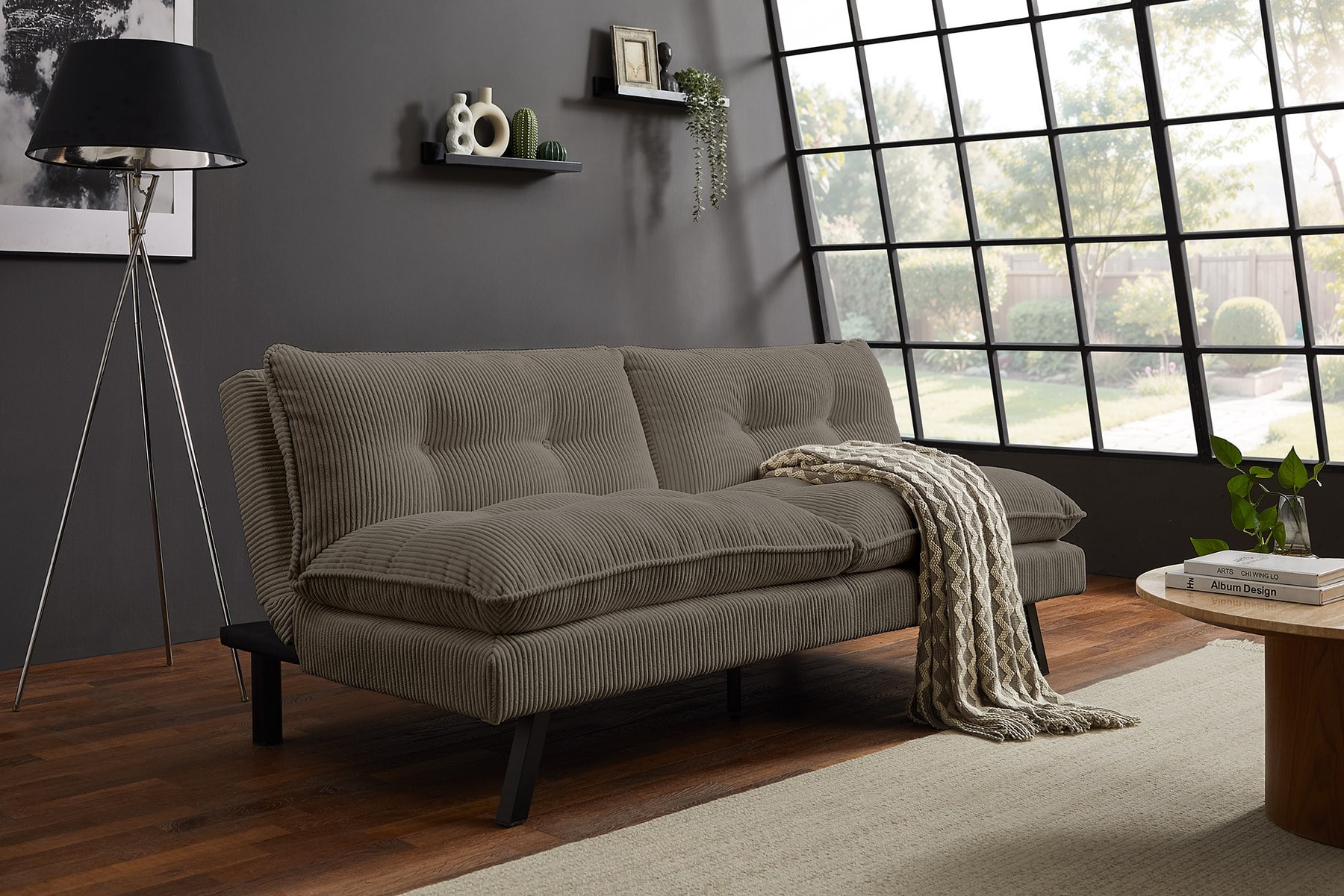 Modernes Schlafsofa COCOONING 190cm greige Cord 3-Sitzer Couch