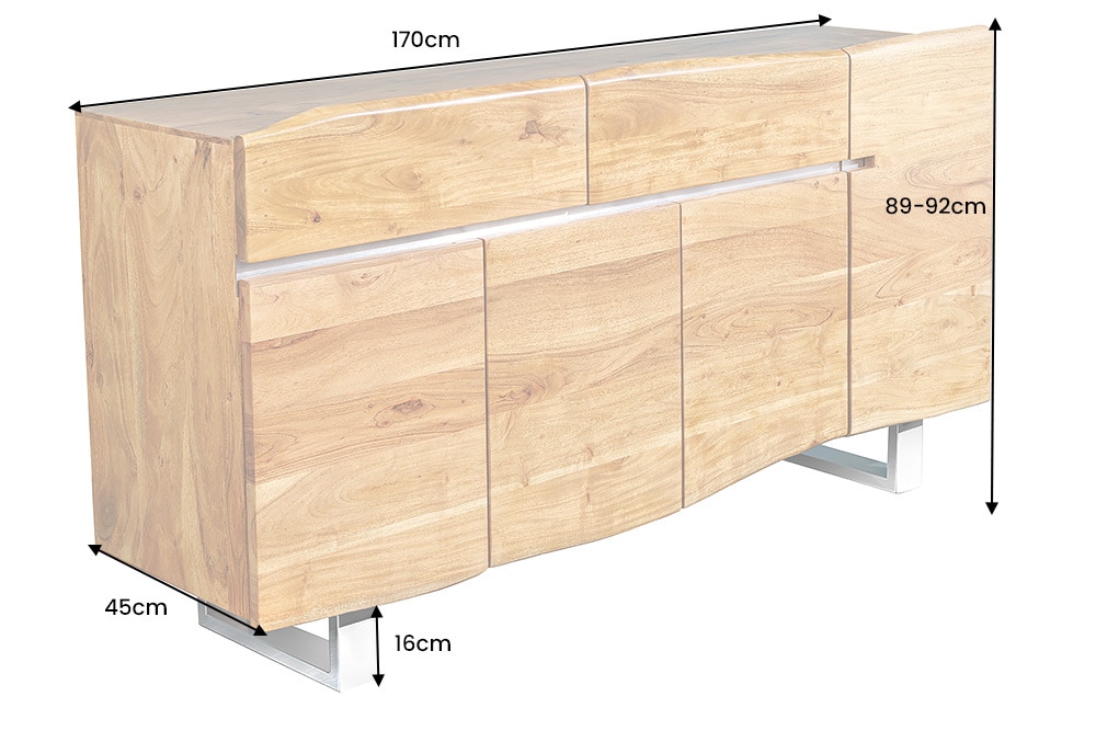 Massivholz Sideboard MAMMUT 170cm Akazie Baumkante mit Schubladen Kufengestell Edelstahl
