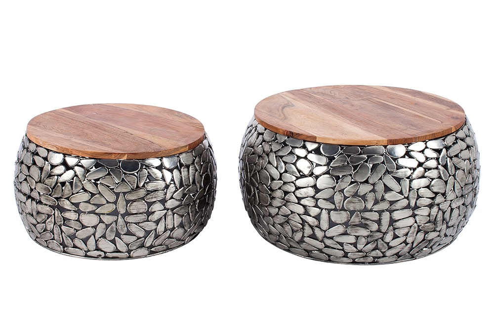 2er Set Runde Couchtische STONE MOSAIC 65cm silber Mangoholz Metall handmade Mosaik Design