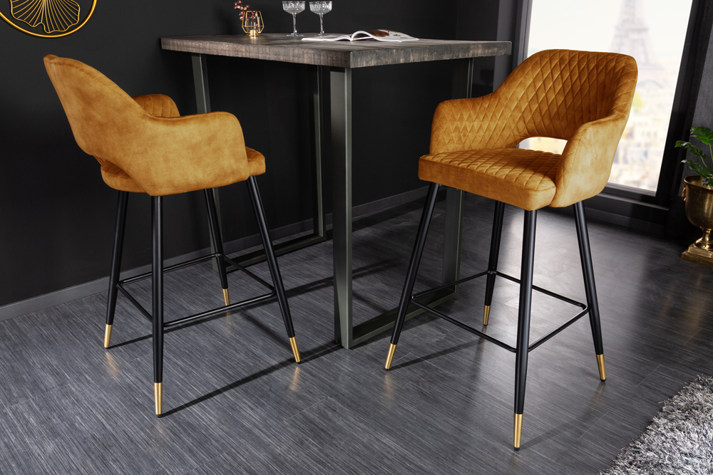 Design Barhocker PARIS senfgelb Samt mit Lehne Metall schwarz gold Ziersteppung Design Barhocker PARIS senfgelb Samt mit Lehne Metall schwarz gold Ziersteppung